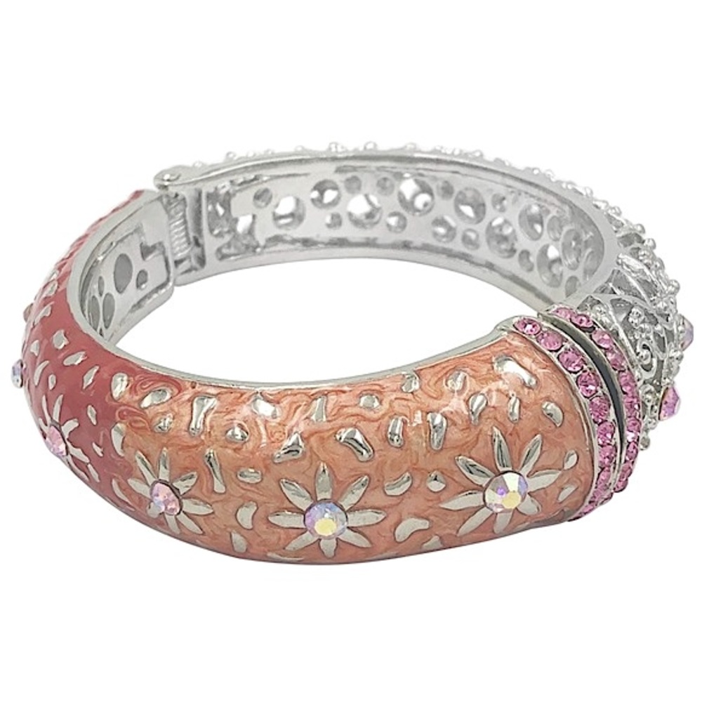 🔴 CLEARANCE Pink to Red Ombré Enamel Rhinestone Silver Hinged Bangle Bracelet